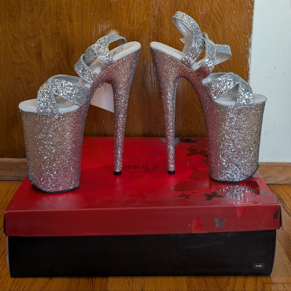 NIB 9" Pleaser Infinity-997 LG Silver Glitter Pole Dance Shoes